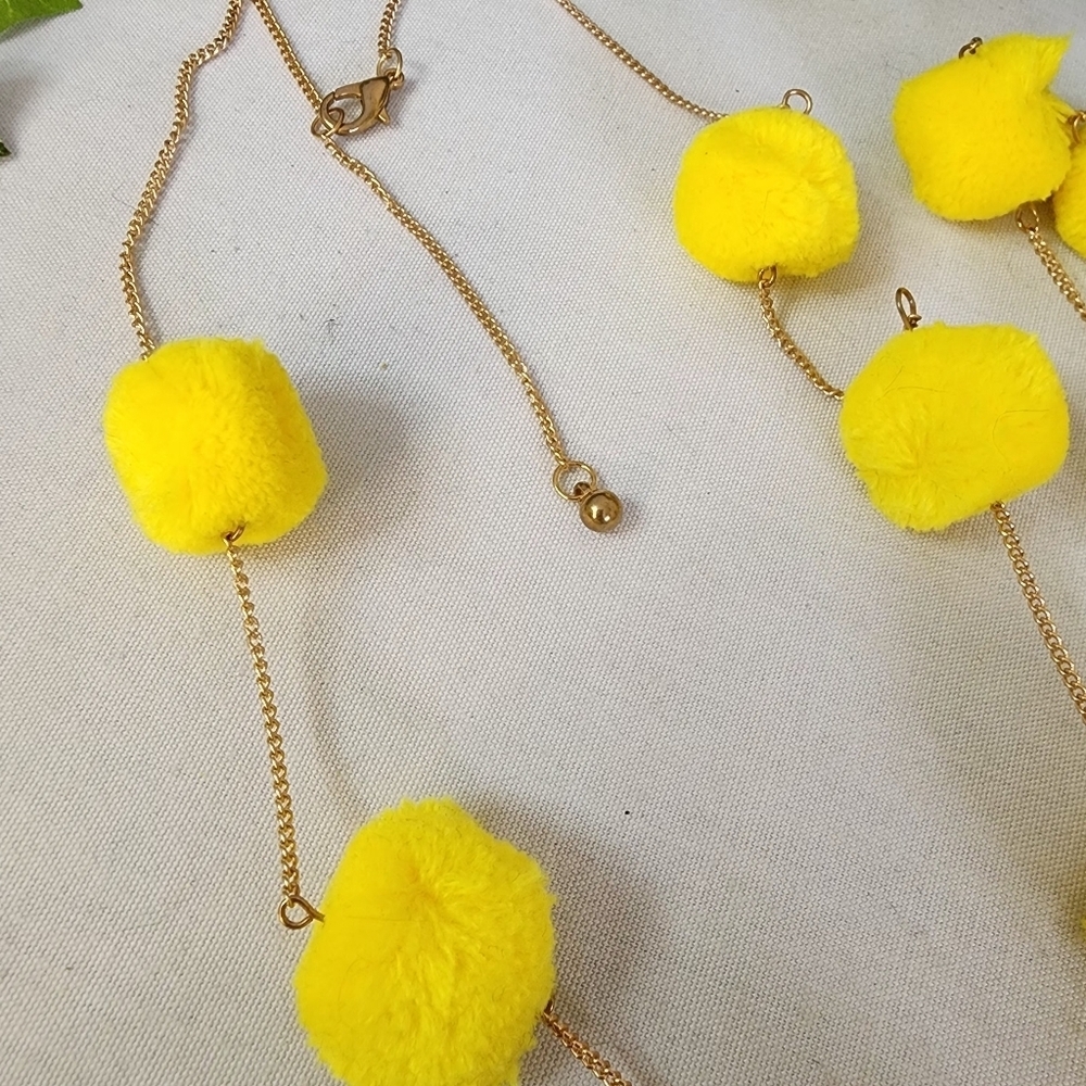 Lemon Yellow Color Pompom on Gold Chain Necklace Earrings Set - Picture 6 of 10